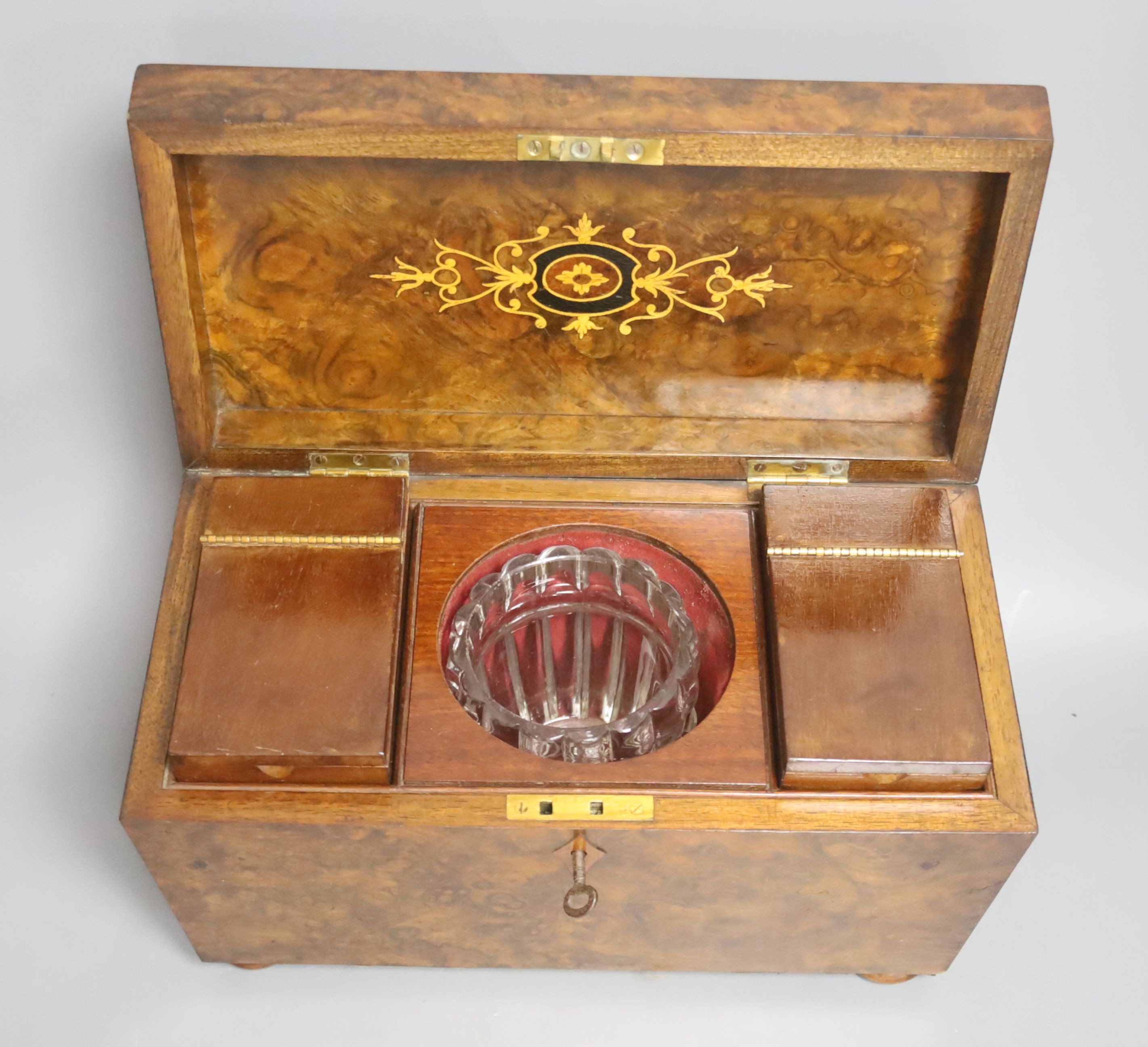 A Victorian burr walnut veneered tea caddy, H 21cm, 31 x 16cm, together with a George III mahogany tea caddy (2)